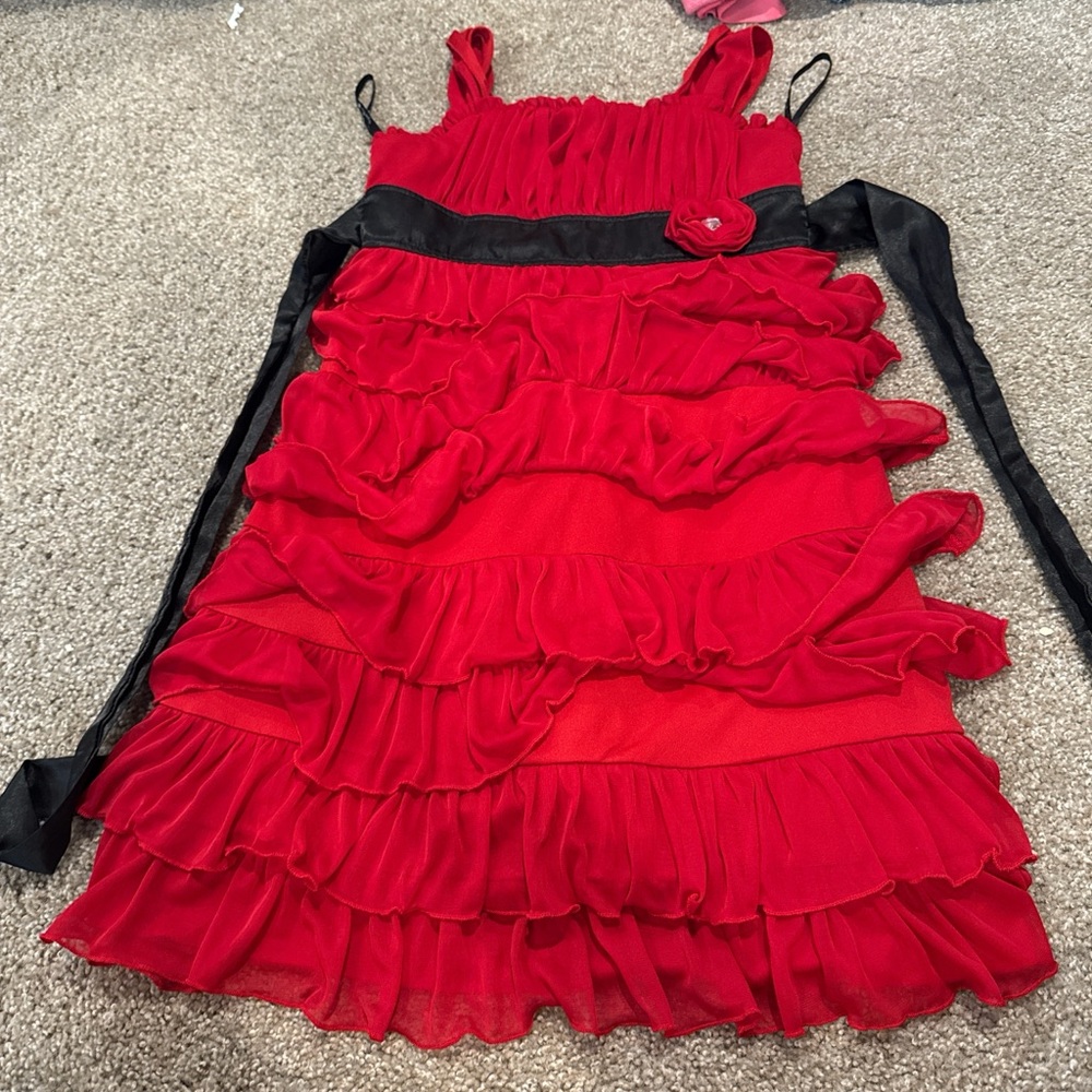 Red Ruffled Dress with Black Sash